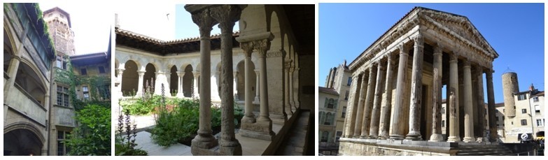 De gauche à droite : Au détour d'une ruelle, on pénètre dans une cour Renaissance ; le cloître de l'église Saint André-le-Bas; Le Temple d'Auguste et de Livie dresse ses lignes parfaites au centre d'une place animée de terrasses (photos Catherine Gary)