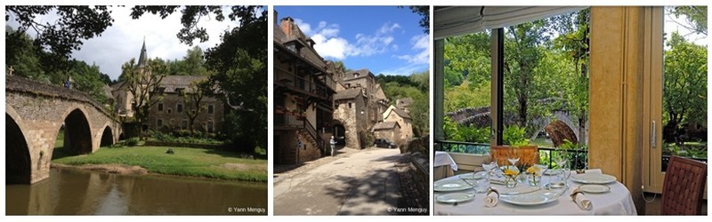 de gauche à droite :  le sublime pont du XVème avec sa Croix ; Le restaurant du Vieux Pont et  invitation à sa table donnant sur le paysage verdoyant (photos Yann Menguy)