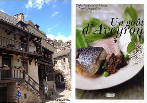 De gauche à droite :  Façade du " Restaurant  du Vieux Pont" ; Couverture du livre de  recettes de Nicole Fagegaltier « Un goût d’Aveyron » aux Editions du Rouergue (Photos Yann Menguy)