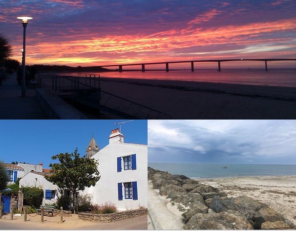 Sur 800 m le pont de Noirmoutier relie ses habitants au Continent. @wikipedia; La beauté et la simplicité des maisons de l'île, ici dans une ruelle de Noirmoutier. @Le routard.com; Plage de Noirmoutier à perte de vue. @ R.Bayon