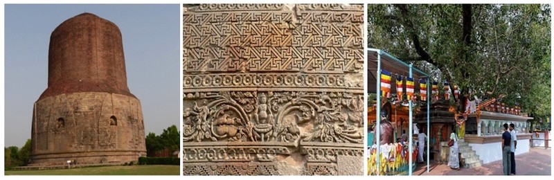 de gauche à droite : 1/ Le Stupa de Dhamek. C'est ici que Bouddha a prêché son premier sermon il y a 2500 ans. Ce sermon appelé "la mise en mouvement de la roue du dharma" résume les grands principes bouddhistes  Le stupa original date du 2eme siècle et remanié au 7eme. Il mesure 35m de haut et 30m de diamètre ©Roger Jacquelin ; 2/ Détail du Stupa Dhamekh  ©DR;  3/ l'arbre de La Bodhi, sous les branches duquel le prince Siddhârta a atteint l'illumination. Il fut ensuite connu sous le nom de Bouddha   ©DR