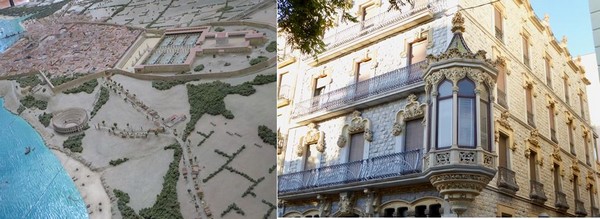 1/ Maquette de la ville romaine de Tarragone à l’Antiga Audiencia @C.Gary  . 2/  Belle façade de la Casa Salas Ricoma, architecte, sur la Rambla nova de Tarragone @.C.Gary