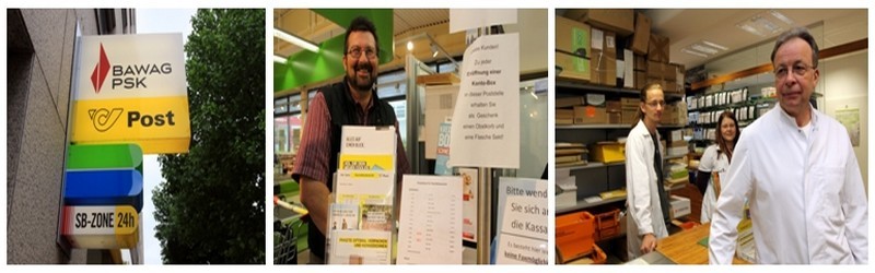 En Autriche, des guichets qui proposent toutes les opérations postales sont installés en plein coeur des grandes surfaces ou encore laissés à la responsabilité des blouses blanches d'une pharmacie. (Crédit photo David Raynal). En Autriche, des guichets qui proposent toutes les opérations postales sont installés en plein coeur des grandes surfaces ou encore laissés à la responsabilité des blouses blanches d'une pharmacie. (Crédit photo David Raynal).