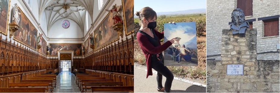 Interieur de la chapelle de la chartreuse Aula Dei avec vue sur les fresques de Goya.@ Sitios de España;  balade dans les vignes de la Bodga Tierra de Gracia en compagnie des cartons pour tapisseries de Goya. @C. Gary; Buste de Goya dans son village natal de Fuendetodos.@ C.Gary