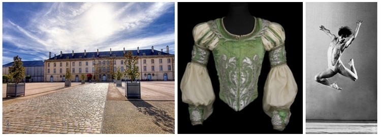 De gauche à droite : Photo du CNCS à Moulins; Pourpoint que portait Noureev pour le rôle de Roméo acte II dans Roméo et Juliette 1977 - Costume Ezio Frigero  (photo CNCS); Moments de Murray Louis en 1977 (Photo Francette Levieux)