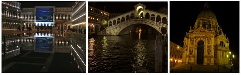 De gauche à droite : La place Saint-Marc joue la nuit avec l'eau et la lumière ©Patrick Cros; Le pont Rialto  ©Patrick Cros; L'église Santa Maria Della Salute  ©Patrick Cros