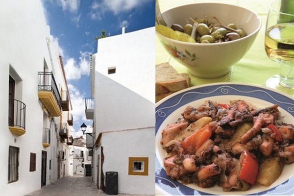 De gauche à droite : Une rue du Centre de la capitale; Gastronomie fine et variée dans laquelle la pêche tient sa place mais aussi les plats traditionnels comme le “arroz a la marinera“, le “bullit de peix“ (bouillabaisse locale) (Crédit photo Catherine Gary)