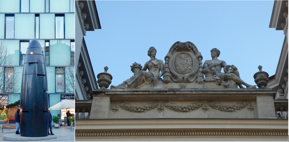L’horloge astronomique futuriste se dresse devant un bâtiment moderniste @C.Gary et  Un fronton sculpté coiffe cette architecture du XIXè siècle.@ C.Gary L’horloge astronomique futuriste se dresse devant un bâtiment moderniste @C.Gary et  Un fronton sculpté coiffe cette architecture du XIXè siècle.@ C.Gary
