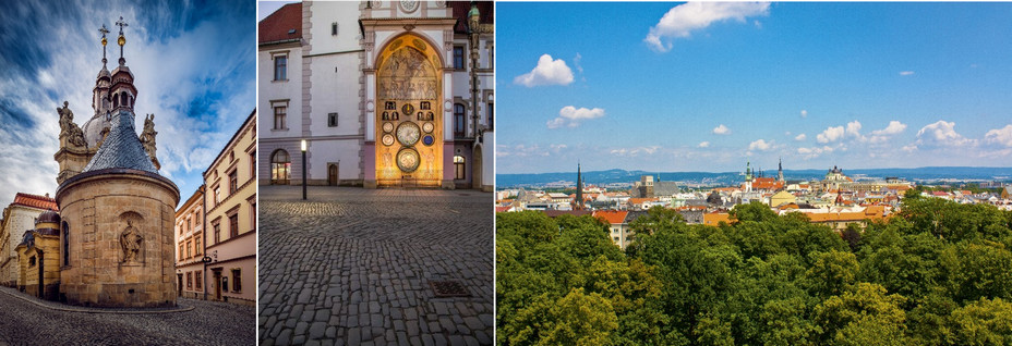 Olomouc. Au coin d'une rue. Sarkanderova Kaple @CzechTourism; Olomouc L'horloge astronomique construite à la Renaissance a été remaniée selon les valeurs du communisme mettant en avant le monde ouvrier @C.Gary et Vue d'ensemble sur la ville d'Olomouc @ mark CzechTourism