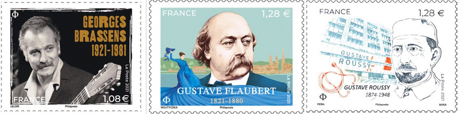 Un timbre à l’effigie de l’artiste Georges Brassens à l’occasion du centenaire de sa naissance et du 40ème anniversaire de sa disparition.  Gustave Flaubert est né il y a deux cents ans, le 12 décembre 1821, à l’Hôtel-Dieu de Rouen, dans le logement de fonction de l’hôpital occupé par son père, chirurgien en chef. Dès 1921, le professeur Gustave Roussy pense à créer un Institut du cancer à Villejuif.La première consultation dédiée aux malades atteints de cancer était née…Copyright - @ La Poste