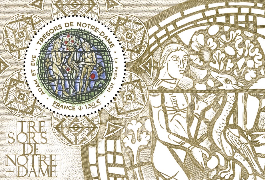 Deux ans après l’incendie partiel de la cathédrale, La Poste a émis un bloc de timbre intitulé « Trésors de Notre-Dame – Adam et Ève ». Cette série initiée en 2020 met en lumière les trésors, les richesses et le patrimoine de la cathédrale durant toute la période de sa reconstruction. Copyright - @ La Poste