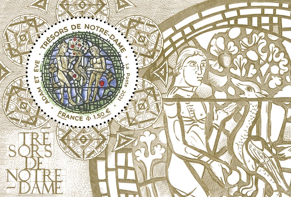 Deux ans après l’incendie partiel de la cathédrale, La Poste a émis un bloc de timbre intitulé « Trésors de Notre-Dame – Adam et Ève ». Cette série initiée en 2020 met en lumière les trésors, les richesses et le patrimoine de la cathédrale durant toute la période de sa reconstruction. Copyright - @ La Poste Deux ans après l’incendie partiel de la cathédrale, La Poste a émis un bloc de timbre intitulé « Trésors de Notre-Dame – Adam et Ève ». Cette série initiée en 2020 met en lumière les trésors, les richesses et le patrimoine de la cathédrale durant toute la période de sa reconstruction. Copyright - @ La Poste