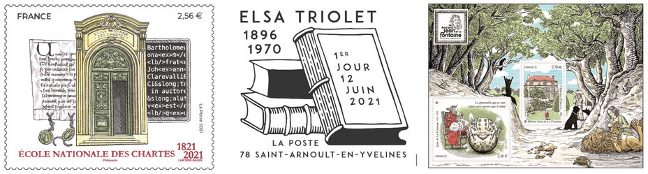 L’École nationale des chartes qui a célébré en 2021 ses deux siècles d’existence est un grand établissement d’enseignement supérieur installé à Paris qui forme les cadres de la conservation du patrimoine. Romancière, traductrice, critique, journaliste, Elsa Triolet (1896-1970) n’aura eu de cesse de manier la langue pour mettre en mots le monde, l’homme, la femme, pour dire l’amour et la détresse, la solitude et les espoirs, le drame de la vieillesse, l’incandescence de la création. Un bloc de 2 timbres illustré par des fables de Jean de la fontaine à l’occasion du 400e anniversaire de sa naissance. Copyright - @ La Poste L’École nationale des chartes qui a célébré en 2021 ses deux siècles d’existence est un grand établissement d’enseignement supérieur installé à Paris qui forme les cadres de la conservation du patrimoine. Romancière, traductrice, critique, journaliste, Elsa Triolet (1896-1970) n’aura eu de cesse de manier la langue pour mettre en mots le monde, l’homme, la femme, pour dire l’amour et la détresse, la solitude et les espoirs, le drame de la vieillesse, l’incandescence de la création. Un bloc de 2 timbres illustré par des fables de Jean de la fontaine à l’occasion du 400e anniversaire de sa naissance. Copyright - @ La Poste