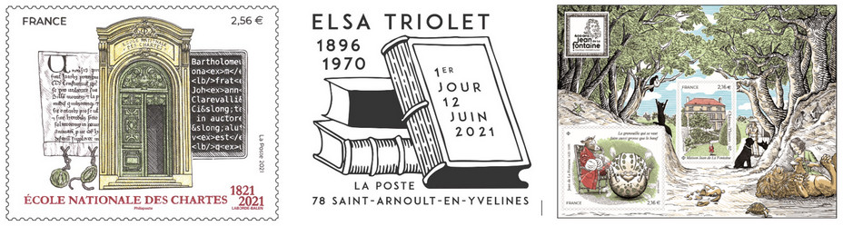 L’École nationale des chartes qui a célébré en 2021 ses deux siècles d’existence est un grand établissement d’enseignement supérieur installé à Paris qui forme les cadres de la conservation du patrimoine.  Romancière, traductrice, critique, journaliste, Elsa Triolet (1896-1970) n’aura eu de cesse  de manier la langue pour mettre en mots le monde, l’homme, la femme, pour dire l’amour et la détresse, la solitude et les espoirs, le drame de la vieillesse,  l’incandescence de la création. Un bloc de 2 timbres illustré par des fables de Jean de la fontaine à l’occasion du 400e anniversaire de sa naissance. Copyright - @ La Poste