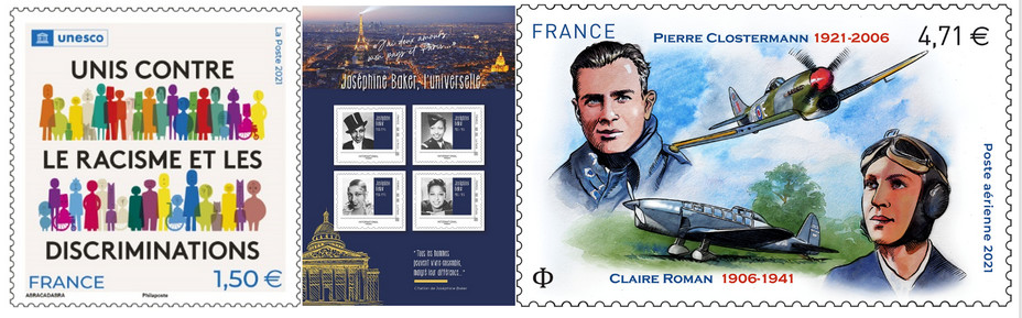 L’Organisation des Nations Unies pour l’éducation, la science et la culture est à l’avant-garde de la lutte contre le racisme. La Poste a émis un collector de 4 timbres à l’effigie de Joséphine Baker (1906-1975) à l’occasion de son entrée au Panthéon. Un timbre et une mini-feuille de la thématique Poste-aérienne et de ses prestigieux aviateurs à l’effigie de Claire Roman à l’occasion des 80 ans de sa disparition et Pierre Clostermann à l’occasion du centenaire de sa naissance.Copyright - @ La Poste L’Organisation des Nations Unies pour l’éducation, la science et la culture est à l’avant-garde de la lutte contre le racisme. La Poste a émis un collector de 4 timbres à l’effigie de Joséphine Baker (1906-1975) à l’occasion de son entrée au Panthéon. Un timbre et une mini-feuille de la thématique Poste-aérienne et de ses prestigieux aviateurs à l’effigie de Claire Roman à l’occasion des 80 ans de sa disparition et Pierre Clostermann à l’occasion du centenaire de sa naissance.Copyright - @ La Poste