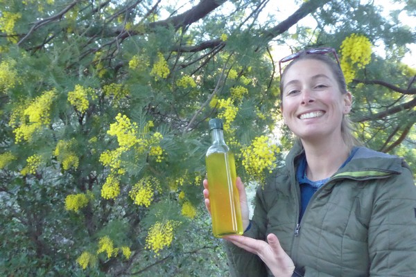 Maggie Polomeny notre guide sur les sentiers embaumés de Capitou fabrique un délicieux sirop de mimosa. @C.Gary Maggie Polomeny notre guide sur les sentiers embaumés de Capitou fabrique un délicieux sirop de mimosa. @C.Gary