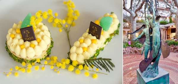 Pâtisserie mimosée de l'Oasis.@ Eleonora Strano  et Sculpture d'Arman dans le jardin de l'Oasis  @C.Gary