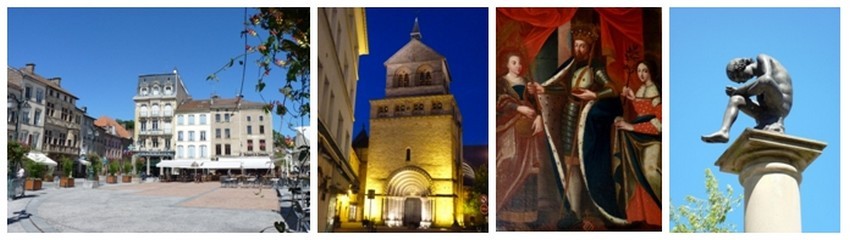De gauche à droite : Place des Vosges d'Epinal qui donnera son nom à son homonyme parisien; Basilique St-Maurice au coeur de la nuit; St-Goëry, patron de la ville d'Epinal; Pinau, symbole d'Epinal, chef-lieu des Vosges (Crédit photos Bertrand Munier)