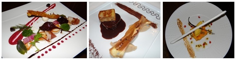 De gauche à droite : Coquilles Saint-Jacques cuites à la plancha - Copeaux de jambon »Ibérico Guijuela » - Mousse de betterave « chiogga » - d’André Villemin (chef de partie entrée, aux Ducs de Lorraine à Épinal; Filet de biche au foie gras poêlé accompagné d'une savoureuse purée Xocopili; Vacherin "revisité" à la mangue et à la passion de Remi Gornet second du restaurant "Les Ducs de Lorraine" d'Epinal (Crédit Photos Bertrand Munier ) De gauche à droite : Coquilles Saint-Jacques cuites à la plancha - Copeaux de jambon »Ibérico Guijuela » - Mousse de betterave « chiogga » - d’André Villemin (chef de partie entrée, aux Ducs de Lorraine à Épinal; Filet de biche au foie gras poêlé accompagné d'une savoureuse purée Xocopili; Vacherin "revisité" à la mangue et à la passion de Remi Gornet second du restaurant "Les Ducs de Lorraine" d'Epinal (Crédit Photos Bertrand Munier )