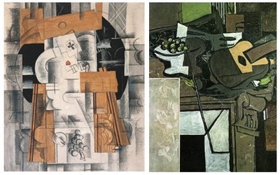 De gauche à droite : Georges Braque, Compotier et cartes, début 1913, huile rehaussée au crayon et au fusain sur toile ; 81 x 60 cm, Paris, Centre Pompidou, Musée national d’art moderne, don de Paul Rosenberg, 1947 © Centre Pompidou, MNAM-CCI, Dist.Rmn-Grand Palais / Jacques Faujour © Adagp, Paris 2013; Georges Braque, La cheminée, 1928, huile sur toile ; 130 x 74 cm, Zurich, Kunsthaus, Vereinigung Zürcher Kunsfreunde, © Kunsthaus, Zurich, © Adagp, Paris 2013 De gauche à droite : Georges Braque, Compotier et cartes, début 1913, huile rehaussée au crayon et au fusain sur toile ; 81 x 60 cm, Paris, Centre Pompidou, Musée national d’art moderne, don de Paul Rosenberg, 1947 © Centre Pompidou, MNAM-CCI, Dist.Rmn-Grand Palais / Jacques Faujour © Adagp, Paris 2013; Georges Braque, La cheminée, 1928, huile sur toile ; 130 x 74 cm, Zurich, Kunsthaus, Vereinigung Zürcher Kunsfreunde, © Kunsthaus, Zurich, © Adagp, Paris 2013