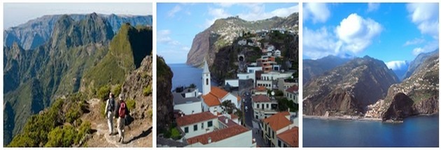 De gauche à droite : chemin des randonneurs à Madère (crédit photo DR); La petite ville de Camara de Lobos; La Riberira Brava (Ravine sauvage) (Crédit photos André Degon)