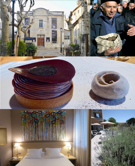 en haut de gauche à droite : Promenade dans Valence @ C.Gary,   et Marché aux truffes à C.Gary ; Dessert truffé de la Maison Pic @ C.Gary; Chambre supérieure à l'Hôtel de France à Valence @ C.Gary et la terrasse extérieure. @ DR