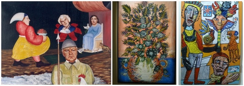 Henri Trouillard est hanté par l’histoire des origines, les plantes exotiques et les animaux préhistoriques, ici il met en scène Churchill en Dieu Mars; (Crédit photo Musée des Arts Naïfs de Laval); Séraphine peint des natures mortes hallucinées une fois son travail terminé. Alain Lacoste collecte les bouts de chiffon, de bois, de carton qu’il assemble au hasard.(Crédit Photos Catherine Gary) Henri Trouillard est hanté par l’histoire des origines, les plantes exotiques et les animaux préhistoriques, ici il met en scène Churchill en Dieu Mars; (Crédit photo Musée des Arts Naïfs de Laval); Séraphine peint des natures mortes hallucinées une fois son travail terminé. Alain Lacoste collecte les bouts de chiffon, de bois, de carton qu’il assemble au hasard.(Crédit Photos Catherine Gary)