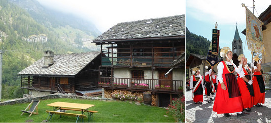 Hameaux Walser dispersés dans la vallées.@ C.Gary et Lors des jours de fête ou de pélerinage les Walser revêtent leurs costumes traditionnels @Enrico Romanzi Hameaux Walser dispersés dans la vallées.@ C.Gary et Lors des jours de fête ou de pélerinage les Walser revêtent leurs costumes traditionnels @Enrico Romanzi