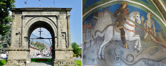 Arc d'Auguste à l'entrée de la vieille ville d'Aoste @C.Gary  et  Fresque de la chapelle Georges de Chalans représentant Saint Georges combattant le Dragon @C.Gary