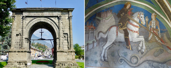 Arc d'Auguste à l'entrée de la vieille ville d'Aoste @C.Gary et Fresque de la chapelle Georges de Chalans représentant Saint Georges combattant le Dragon @C.Gary Arc d'Auguste à l'entrée de la vieille ville d'Aoste @C.Gary et Fresque de la chapelle Georges de Chalans représentant Saint Georges combattant le Dragon @C.Gary
