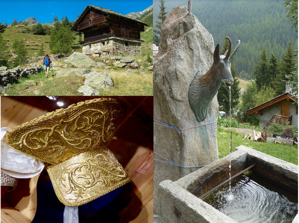 Maison traditionnelle @ DR, Coiffe traditionnelle en filigrande d'or des femmes Walser.@C.Gary et Fontaine à Chamois@ C.Gary Maison traditionnelle @ DR, Coiffe traditionnelle en filigrande d'or des femmes Walser.@C.Gary et Fontaine à Chamois@ C.Gary