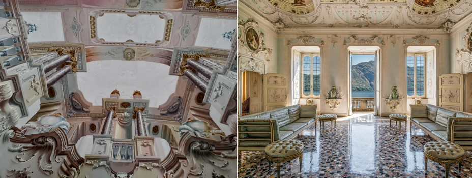 Les fresques en trompe-l'œil de la villa Sola Cobiati @C.Gary et  Les salle des  stucs avec vue sur le lac.@ DR Les fresques en trompe-l'œil de la villa Sola Cobiati @C.Gary et  Les salle des  stucs avec vue sur le lac.@ DR