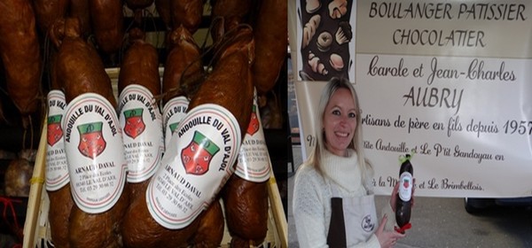 De gauche à droite : La véritable andouille du Val d'Ajol; Photo 3) La boulangerie-pâtisserie ajolaise de Carole et Jean-Marie Aubry propose des andouilles en chocolat rehaussées du sceau (Crédit Photo Bertrand Munier)