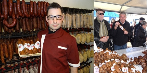 de gauche à droite : Arnaud Daval  l’un des cinq bouchers ; Gérard de Saint-Max, fier d’acheter et de présenter l’andouille ajolaise. (Crédit photo Bertrand Munier)