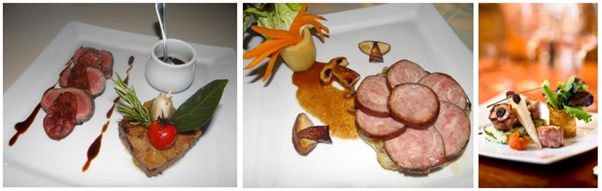 De gauche à droite : Filet de bœuf lorrain, chips d’andouille du Val d’Ajol ;  Tarte tatin d’andouille du Val d’Ajol aux cèpes;Tournedos de sandre à l’andouille du Val d’Ajol, aux bluets des Vosges. (Crédit photo Bertrand Munier) De gauche à droite : Filet de bœuf lorrain, chips d’andouille du Val d’Ajol ;  Tarte tatin d’andouille du Val d’Ajol aux cèpes;Tournedos de sandre à l’andouille du Val d’Ajol, aux bluets des Vosges. (Crédit photo Bertrand Munier)