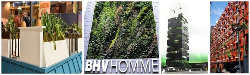De gauche à droite :photo du toit végétalisé du stand de l'école AgroParisTech (Crédit photo APFOUCHA/SIA 2014); Jardin vertical au BHV à Paris (Crédit Photo DR); Tour Vivante de l'Agence SOA (Crédit photo Agence SOA); Jardin vertical sur un building à Osaka (Japon) (Crédit photo DR) De gauche à droite :photo du toit végétalisé du stand de l'école AgroParisTech (Crédit photo APFOUCHA/SIA 2014); Jardin vertical au BHV à Paris (Crédit Photo DR); Tour Vivante de l'Agence SOA (Crédit photo Agence SOA); Jardin vertical sur un building à Osaka (Japon) (Crédit photo DR)