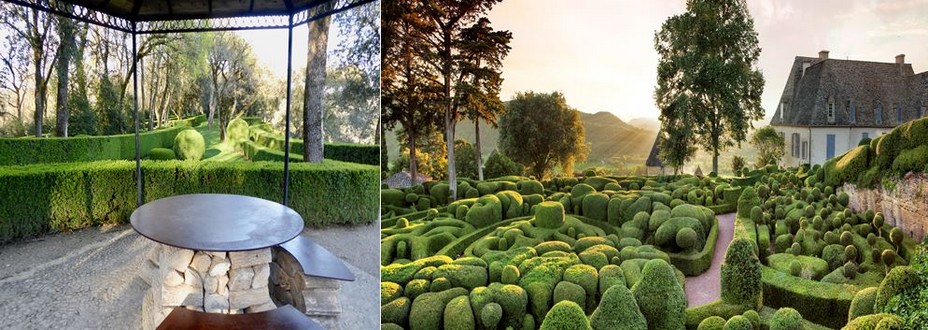 Tonnelle au cœur des jardins de Marqueyssac@ C.Gary et  Vue sur le jardin de topiaires de Marqueyssac au soleil couchant  @ DR