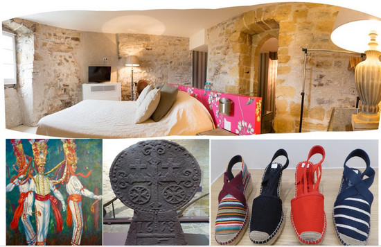 Une des Chambres de Hôtel des Basses Pyrénées**** @ DR; Musée basque et del'Histoire de Bayonne Danses traditionnelles @ C. Gary ;  Stèle funéraire au Musée basque @C.Gary ;  Les espadrilles une spécialité basque @C.Gary Une des Chambres de Hôtel des Basses Pyrénées**** @ DR; Musée basque et del'Histoire de Bayonne Danses traditionnelles @ C. Gary ;  Stèle funéraire au Musée basque @C.Gary ;  Les espadrilles une spécialité basque @C.Gary