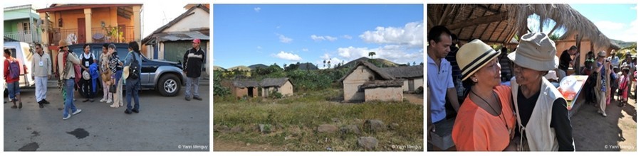 De gauche à droite : Première étape au départ d'Ampéfy; Un village en pleine brousse qui a bénéficié de lampes solaires;  Distribution des lampes solaires par la Présidente de l'association « Les Jardins de Lumière de Madagascar" Josielle Randriamandranto (Crédit photos Yann Menguy)