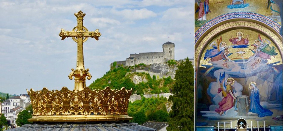 La couronne au sommet de la basilique du Rosaire avec vue sur le château. @C.Gary et  Mosaïques de la basilique du Rosaire@ C.Gar