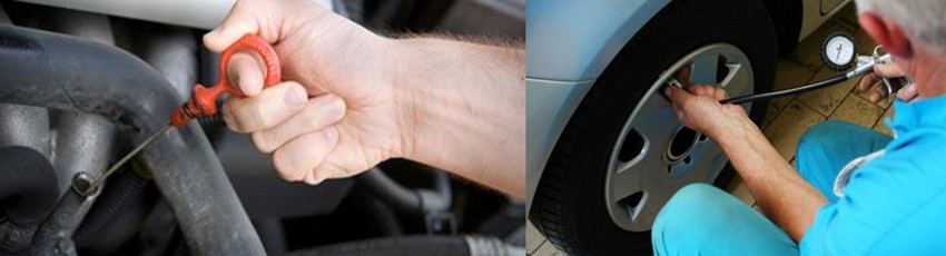 De gauche à droite : vérifiez la pression d'huile ainsi que la pression de vos pneus (Crédit photos DR)