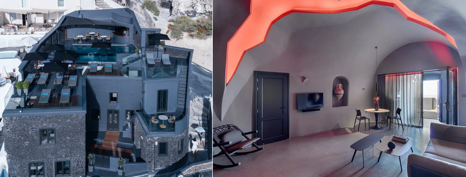 la pierre noire de L'hôtel tranche avec les maison autour. Crédit hôtel Kivotos Santorini et suite executive. Crédit Hôtel Kivotos Santorini-Kordakis la pierre noire de L'hôtel tranche avec les maison autour. Crédit hôtel Kivotos Santorini et suite executive. Crédit Hôtel Kivotos Santorini-Kordakis