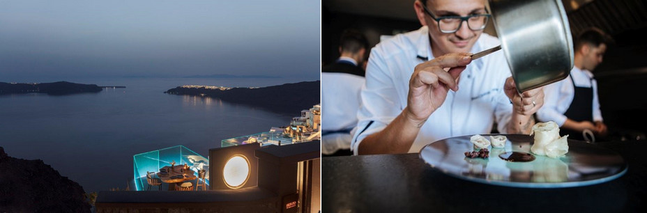 La terrasse du restaurant, et au loin à gauche l'île de Thirasia et à droite le village de Oia. Vrédit Hôtel Kivotos Santorini-Kordakis et le Chef  Jean-Charles Métayer en pleine action. @ TripAdvisor