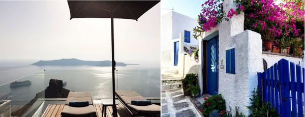 Depuis le spa d'une villa, vue sur la caldeira et une ruelle du village de  Finikia @ DR