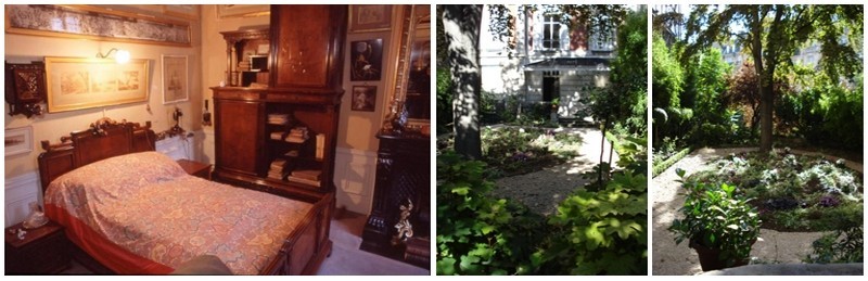 De gauche à droite : La chambre de Clemenceau; Vue sur le jardin au 8, rue Benjamin-Franklin dans le seizième arrondissement de Paris                                                                            		Crédit : L. Lentignac et musée Clemenceau