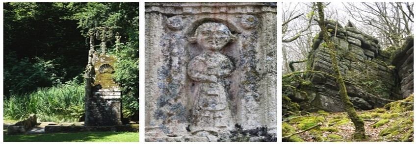 La petite ville de Cléqurec dans le Morbihan, où le père d'Irène Frain a passé plusieurs années en tant que garçon de ferme : de gauche à droite : la Fontaine de la Trinité, le Calvaire et les Roches du diable (Crédit photos D.R.)