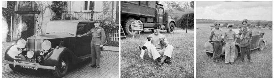 De gauche à droite photos 1 et 2 :Quand le général Montgomery fait la guerre, il la fait avec style en faisant débarquer sa Rolls sur le théâtre des opérations, la première voiture civile à poser ses roues sur les plages de Normandie; 3/ Les généraux Bradley - Montgomery et Deypsey en Normandie le 10 Juin 1944 (Crédit photos DR)