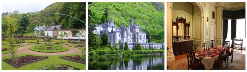 De gauche à droite :  Abbeyglen Castle, Sky rd, Clifden;  Après Clifden, port et ville de marché aux maisons multicolores, la N59 passe par Kylemore Abbey (Crédit photos DR)