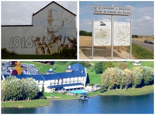 En haut de gauche à droite : Un tag en mémoire de la Grande Guerre sur un mur d'une maison située à Saint-Quentin dans l'Aisne (Crédit photo DR); à droite : Panneau recensant les parcours de mémoire de l'Aisne (Crédit photo DR); En bas : Vue d'ensemble de l'Hôtel du Golf de l’Ailette (Aisne) (Crédit photo DR)