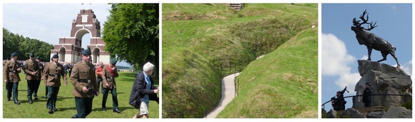 De gauche à droite :Sur le Mémorial franco-britannique de Thiepval une cérémonie émouvante réunit plus d’un millier de Britanniques chaque année (© Catherine Gary); Tranchées sur le site de Beaumont-Hamel (© Catherine Gary): Les Terre-Neuviens célèbrent aussi l’engagement de leur régiment au Mémorial de Beaumont-Hamel (© Catherine Gary)